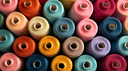 Spools of colorful yarn arranged in a pattern, textile industry