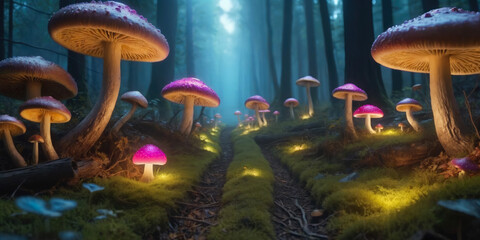 Ai generated illustration of a magical mushroom forest 