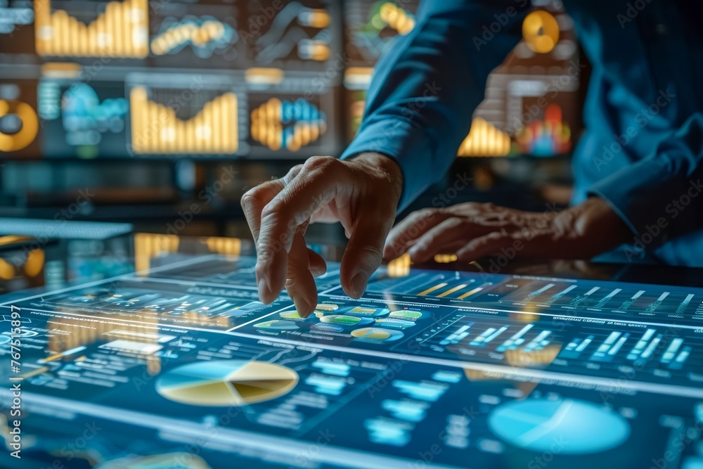 Poster futuristic financial professional analyzing digital interactive display with graphs and data analyti