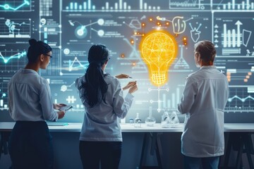 Business Team Engaged in Strategic Planning in Front of Futuristic Interface with Glowing Light Bulb Concept