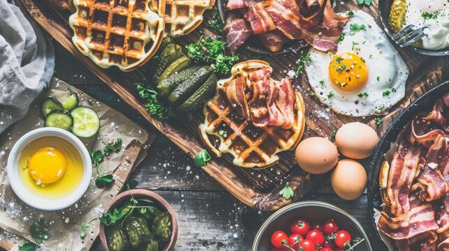  a table topped with plates of food and bowls of eggs, bacon, waffles, tomatoes and cucumbers.