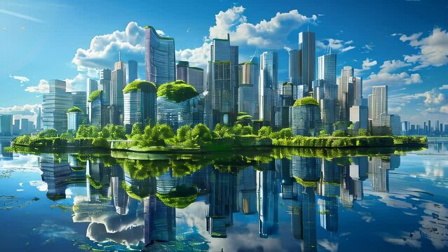 Futuristic cityscape with towering skyscrapers. Floating city surrounded by greenery nestled amidst the buildings. Striking reflections of the structures on the blue water. 