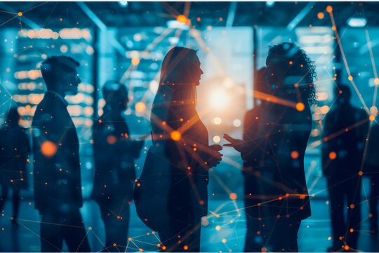 Corporate Professionals Networking at Modern Tech Event with Digital Interface Interaction - Powered by Adobe