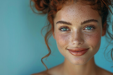 Close up fashion portrait of beautiful woman redhead with freckles - obrazy, fototapety, plakaty