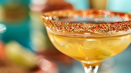 close-up of a margarita glass rimmed with a colorful Tajin spice blend