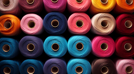 Spools of colorful yarn arranged in a pattern, textile industry