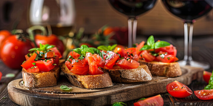 Bruschetta with tomatoes, basil and drizzled olive oil on rustic bread slices, generative AI