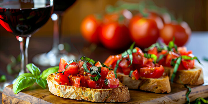 Bruschetta with tomatoes, basil and drizzled olive oil on rustic bread slices, generative AI