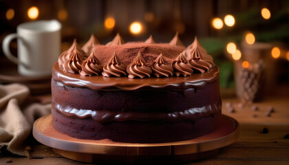 A close-up of a double chocolate cake with chocolate ganache and cocoa powder on top