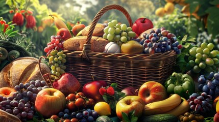 Obraz na płótnie Canvas close-up of a wicker picnic basket overflowing with colorful fruits, vegetables, and fresh bread 