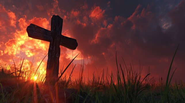 A weathered wooden cross silhouetted against a dramatic sunset