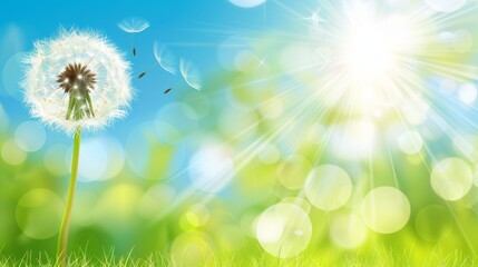  a dandelion blowing in the wind with a bright blue sky and green grass in the foreground and a sunburst in the background.