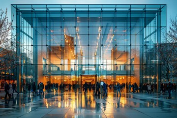 A group of individuals is gathered in front of a towering glass facade building, showcasing impressive urban design in the citys metropolitan area - obrazy, fototapety, plakaty
