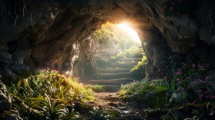 A peaceful cave entrance, transformed into a symbol of hope by the resurrection - obrazy, fototapety, plakaty
