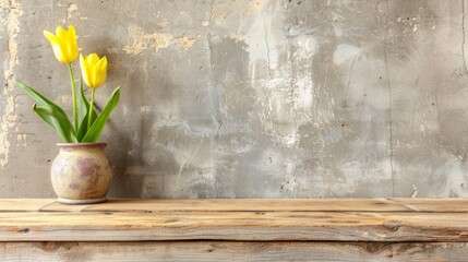  a vase filled with yellow flowers sitting on top of a wooden table on top of a wooden slab of wood.