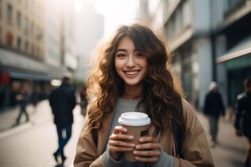 Pretty young Asian woman in business casual attire holds a glass of takeaway coffee in her hand at the outdoor field with happiness. Generative AI. - obrazy, fototapety, plakaty