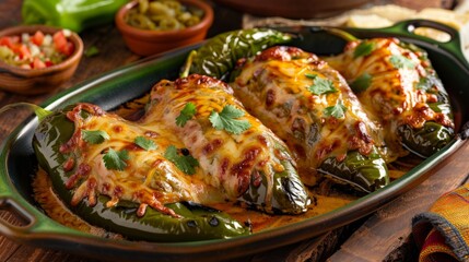 A sizzling plate of chiles rellenos, stuffed chilies with a cheesy filling, a crowd favorite ,mexican cuisine