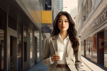 Pretty young Asian woman in business casual attire holds a glass of takeaway coffee in her hand at the outdoor field with happiness. Generative AI.