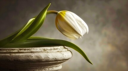  a close up of a flower in a vase with a wall in the back ground behind it and a wall in the back ground behind it.