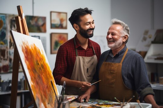 A gray-haired middle-aged man, an artist, smiling confidently, holding a brush and palette in an art studio, stands next to an African-American student, and explains the lesson.