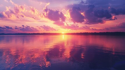 Fototapeta na wymiar A vibrant sunset with hues of orange, pink, and purple, reflecting in a calm lake