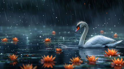 illustration of a swan in the rain flat style