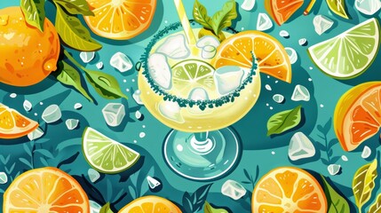 A vibrant illustration of a margarita recipe with fresh ingredients like limes, tequila, and orange liqueur - obrazy, fototapety, plakaty