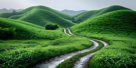 A dirt road winds through a lush green field with mountains towering in the background, creating a picturesque natural landscape filled with rolling hills and grasslands