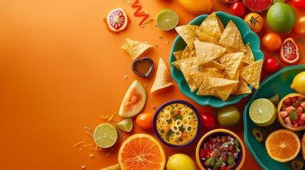 Composition with Mexican symbols with nachos for Independence Day on orange background 