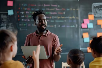 A man teaching kids to code for STEM education ideal for educational projects or promoting tech skills. Concept STEM Education, Coding for Kids, Tech Skills, Educational Projects, Teaching Technology