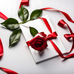 quare view of letter tied with long red ribbon and natural red rose