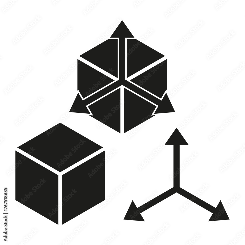 Aufkleber set of 3d geometric shape icons. cube and tetrahedron figures. directional axis symbol. vector illus