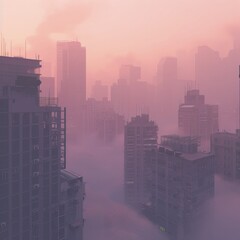 Pink fog embraces urban landscape at dawn - A cityscape bathed in pink fog creates an ethereal atmosphere during dawn, suggesting quiet and mystery