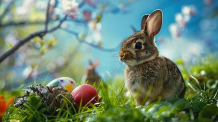 Fototapeta na wymiar Rabbit in vibrant springtime scene - A charming rabbit surrounded by lush greenery and blossoms creates a snapshot of the vibrant life of spring