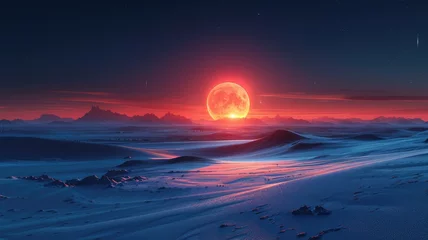 Fototapete Rund Stunning sunset landscape with giant red sun - A breathtaking digital illustration of a vast desert landscape under a strikingly large red sun setting on the horizon © Tida