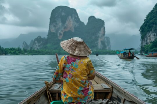 Woman in Vietnamese hat sitting in a riverboat