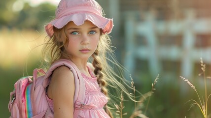 Little girl with backpack in nature - A young girl wearing a pink dress and visor stands in a field, with a backpack, gazing into distance