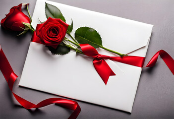 White envelops tied with red ribbon and two red roses