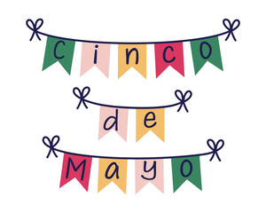 Cinco de Mayo garland, vector illustration. Colorful bunting flags hanging on string with tied bows. Festive Mexican paper decoration. Traditional banner for national holiday, carnival, fiesta, party