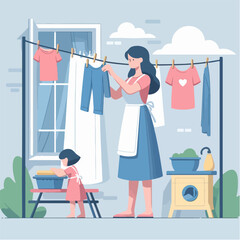Vector illustration of a woman washing clothes with a simple and minimalist flat design style