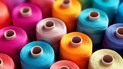 Spools of colorful yarn arranged in a pattern, textile industry