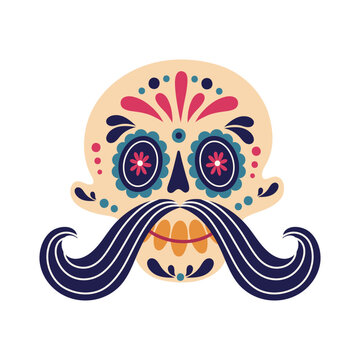 Funny sugar skull vector illustration. Human bald head with a painted floral ornament, gold teeth, curly mustache. Smiling face, Mexican mask for Cinco de Mayo, Day of the Dead. Flat cartoon doodle