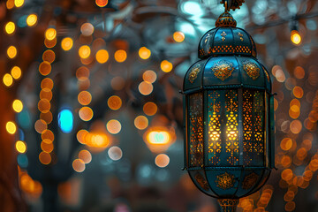 Closeup of lantern on pole with city lights in background