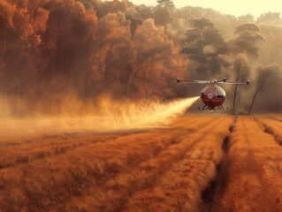 A red helicopter is spraying a field with a yellowish brown substance. The helicopter is flying low over the field, and the spray is covering the ground. The scene is peaceful and serene