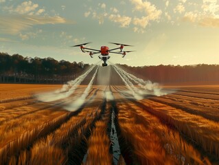 A red drone is spraying a field with water. The scene is peaceful and serene