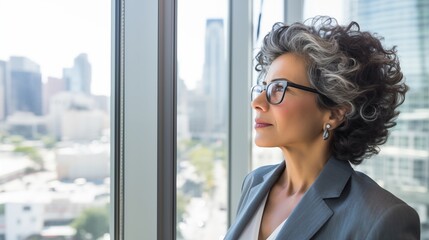 mature optimistic latina hispanic businesswoman woman female executive CEO in corporate modern office thinking contemplating and looking out window skyscraper cityscape daytime with - obrazy, fototapety, plakaty