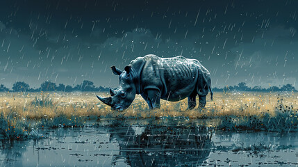 illustration of a rhino in the rain flat style - obrazy, fototapety, plakaty