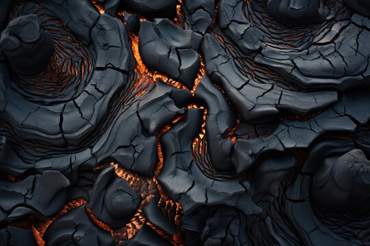 Burning lava on black background. Abstract background of extinct lava with red gaps. Earth lava crack volcanic texture ground fire burn explosion stone liquid black red inferno planet relief.