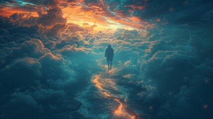 A person standing at a crossroads faced with an infinite number of paths leading to countless potential outcomes and realities. - obrazy, fototapety, plakaty