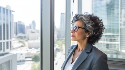 mature optimistic latina hispanic businesswoman woman female executive CEO in corporate modern office thinking contemplating and looking out window skyscraper cityscape daytime with room for text - obrazy, fototapety, plakaty